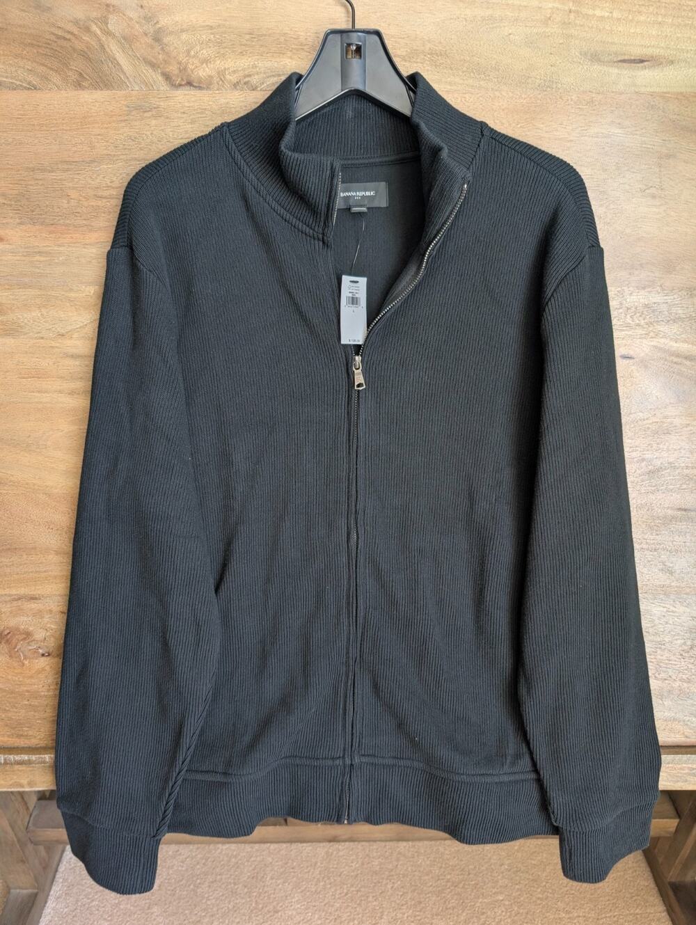 NWT Banana Republic Jacket Men Large Black Knit Long Sleeve Mock Neck Full Zip